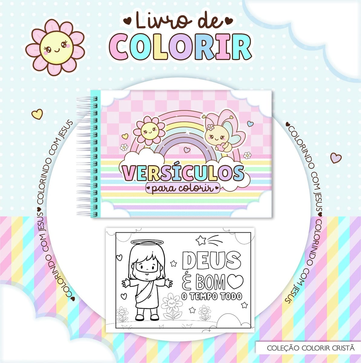 Caderno de Colorir Versículos PDF para Sublimação 2 Livro de colorir digital com versículos, tema cristão infantil e ilustrações fofas.
