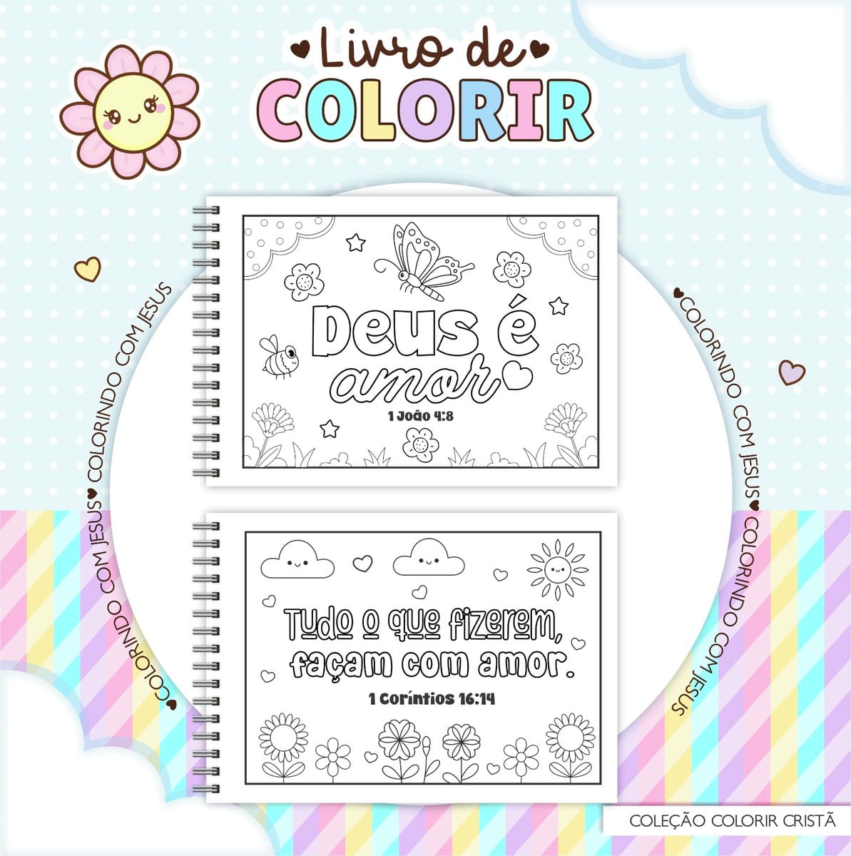Caderno de Colorir Versículos PDF para Sublimação 3 Livro de colorir digital cristão com páginas abertas mostrando versículos bíblicos e desenhos.