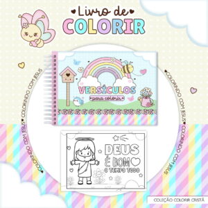 Arte digital de um livro de colorir com versículos e uma página de desenho cristão.