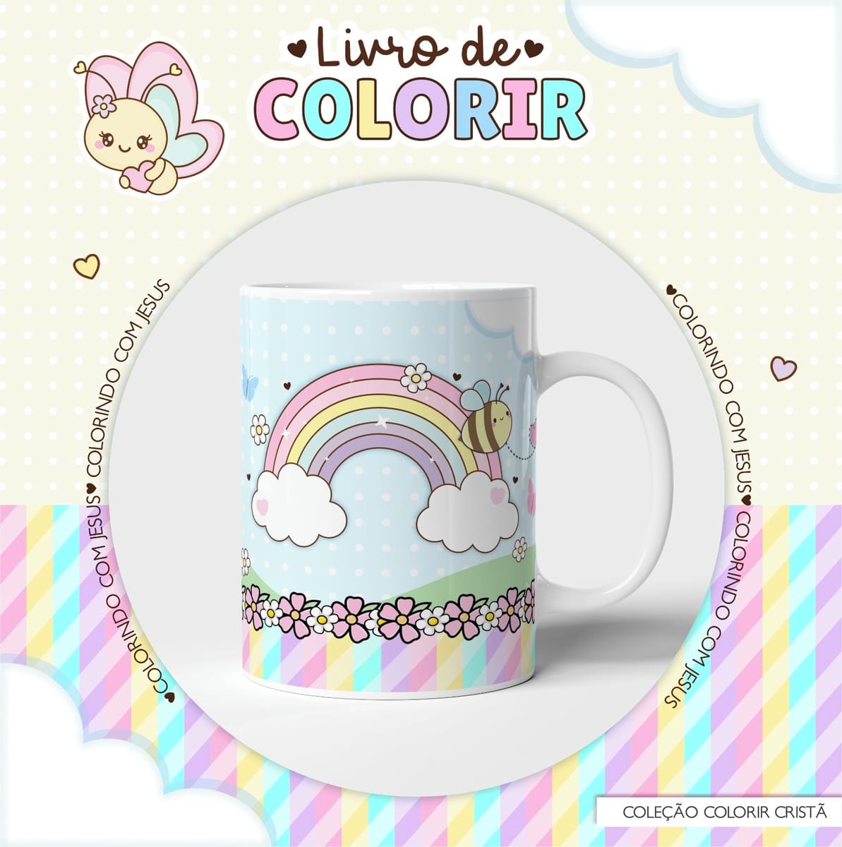 Caderno de Colorir Versículos PDF para Sublimação 5 Design digital infantil com arco-íris, abelha, flores e texto 'Livro de COLORIR'.