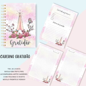 Apresentação de caderno rosa com tema espiritual e folhas pautadas decoradas