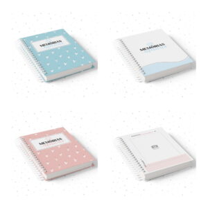 Quatro cadernos espirais com capas ilustradas e estampas variadas dispostos sobre fundo pontilhado.