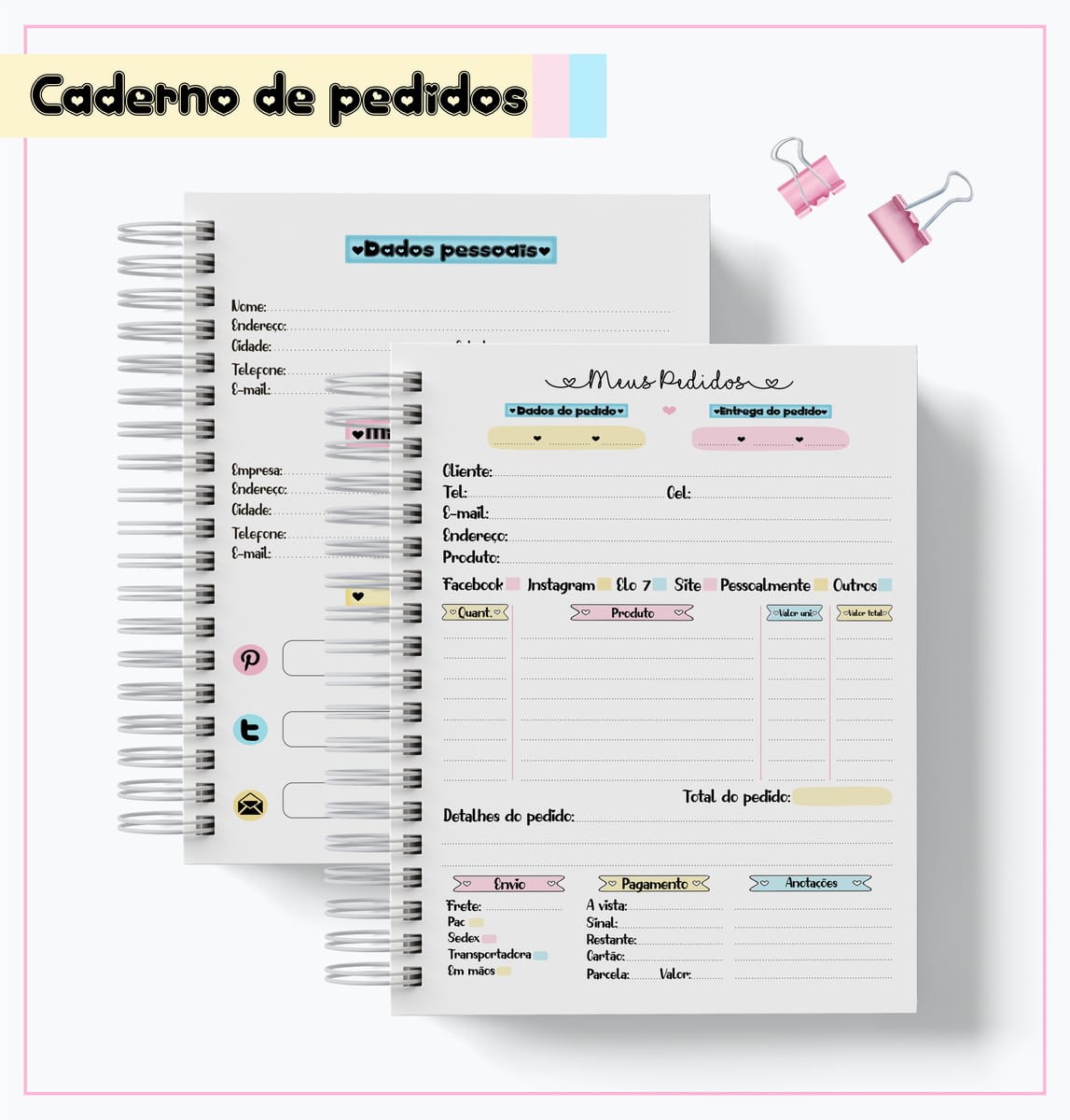 Caderno de pedidos digital com 5 capas e artes para caneca 2 Caderno de pedidos aberto mostrando páginas internas com campos preenchíveis e anotações.
