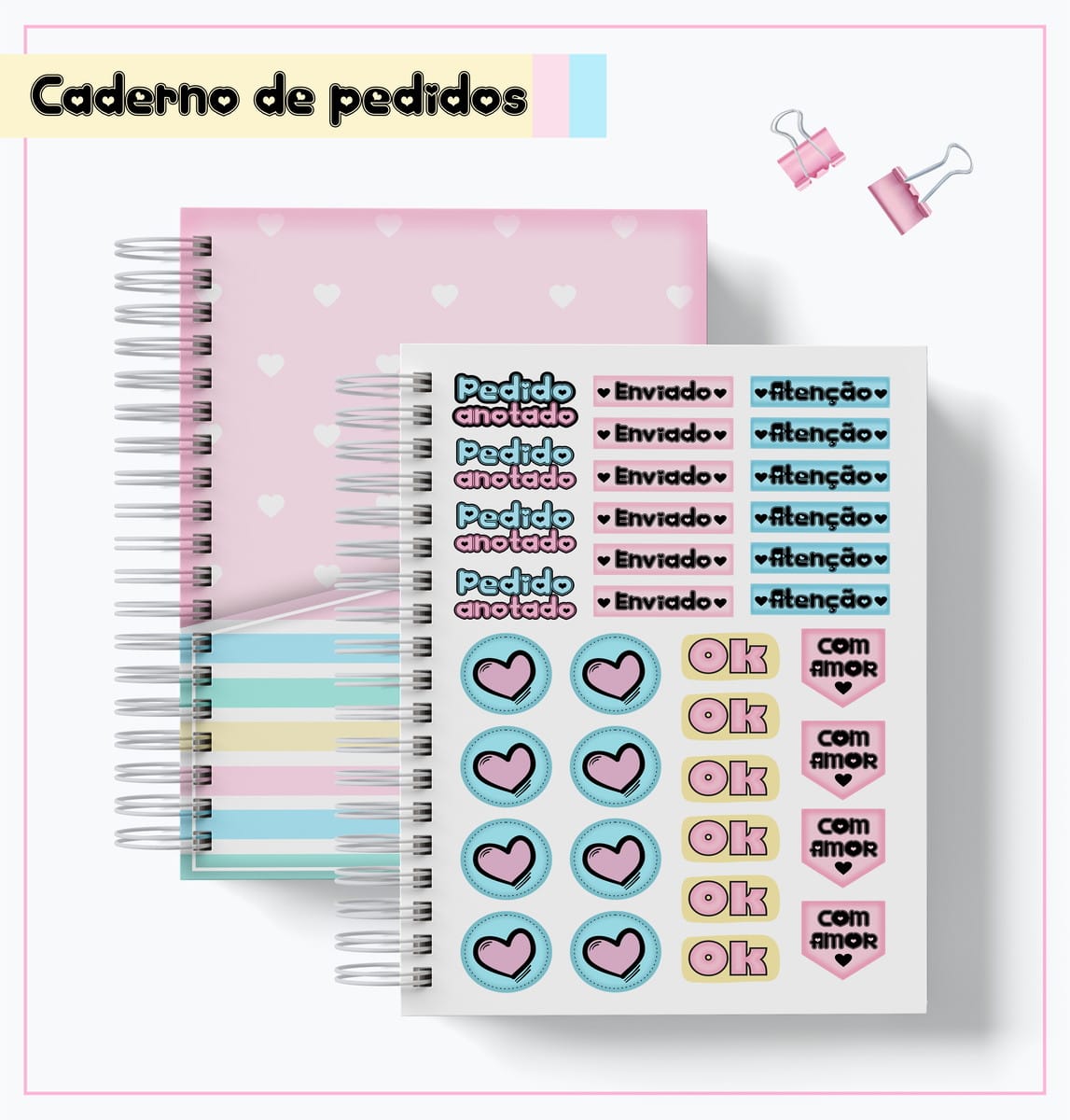 Caderno de pedidos digital com 5 capas e artes para caneca 3 Caderno de pedidos espiral rosa e uma cartela de adesivos coloridos ilustrados.
