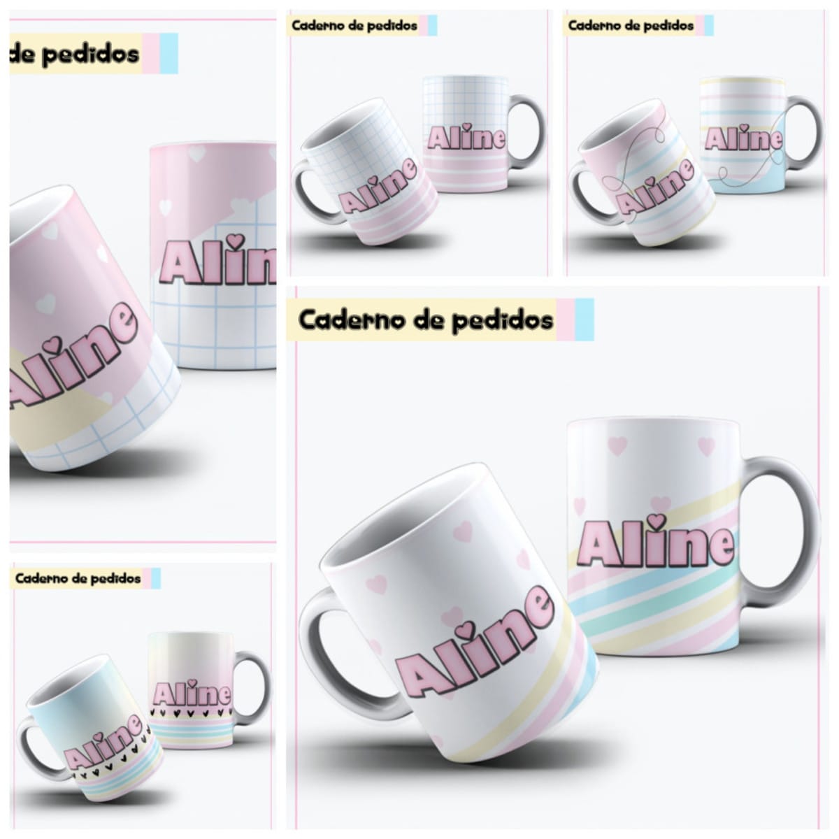 Caderno de pedidos digital com 5 capas e artes para caneca 4 Apresentação em grade mostrando modelos de canecas decoradas com estampas coloridas e nomes.