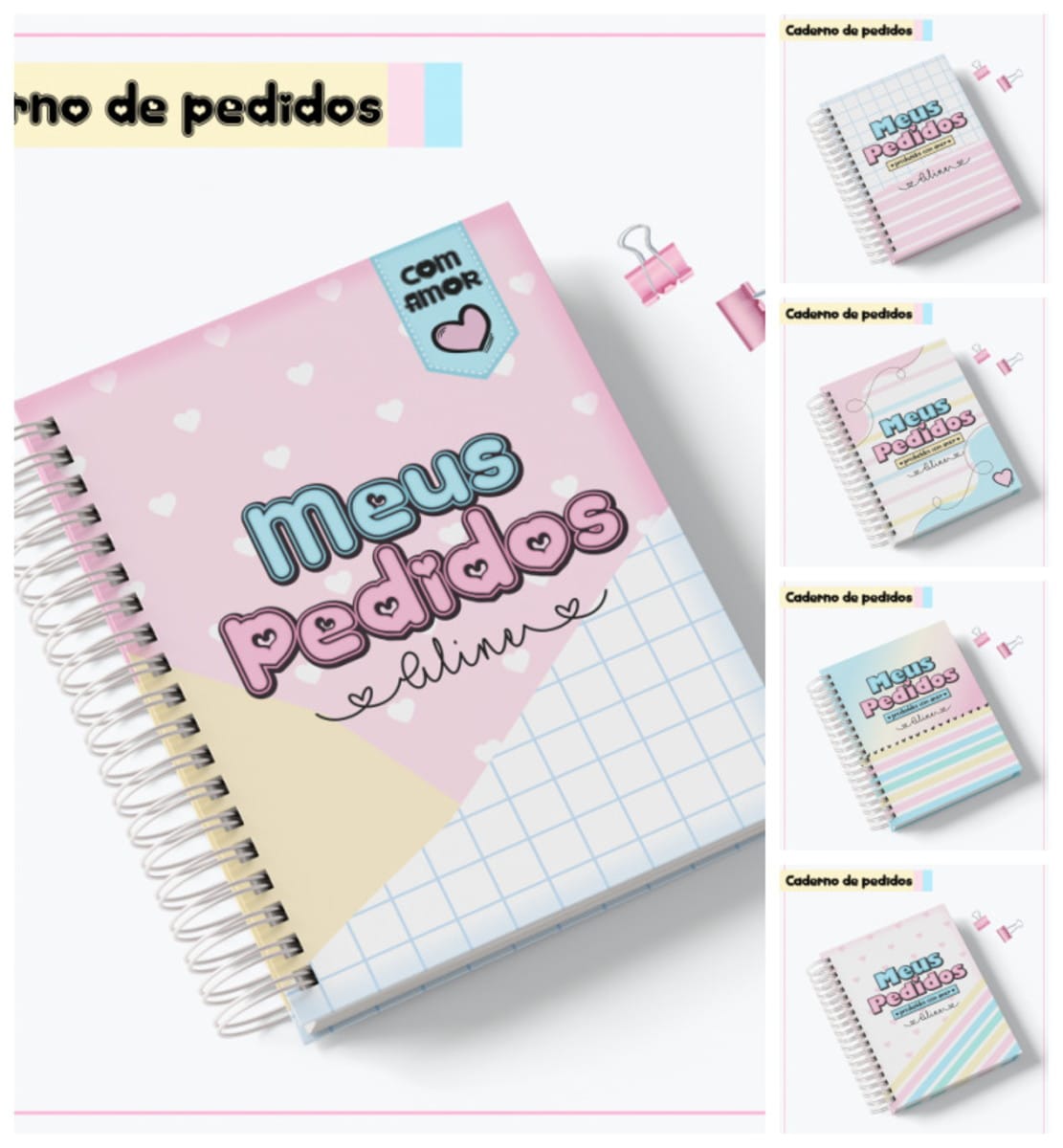 Caderno de pedidos digital com 5 capas e artes para caneca 1 Caderno de pedidos com capa rosa decorada com corações brancos e texto em destaque