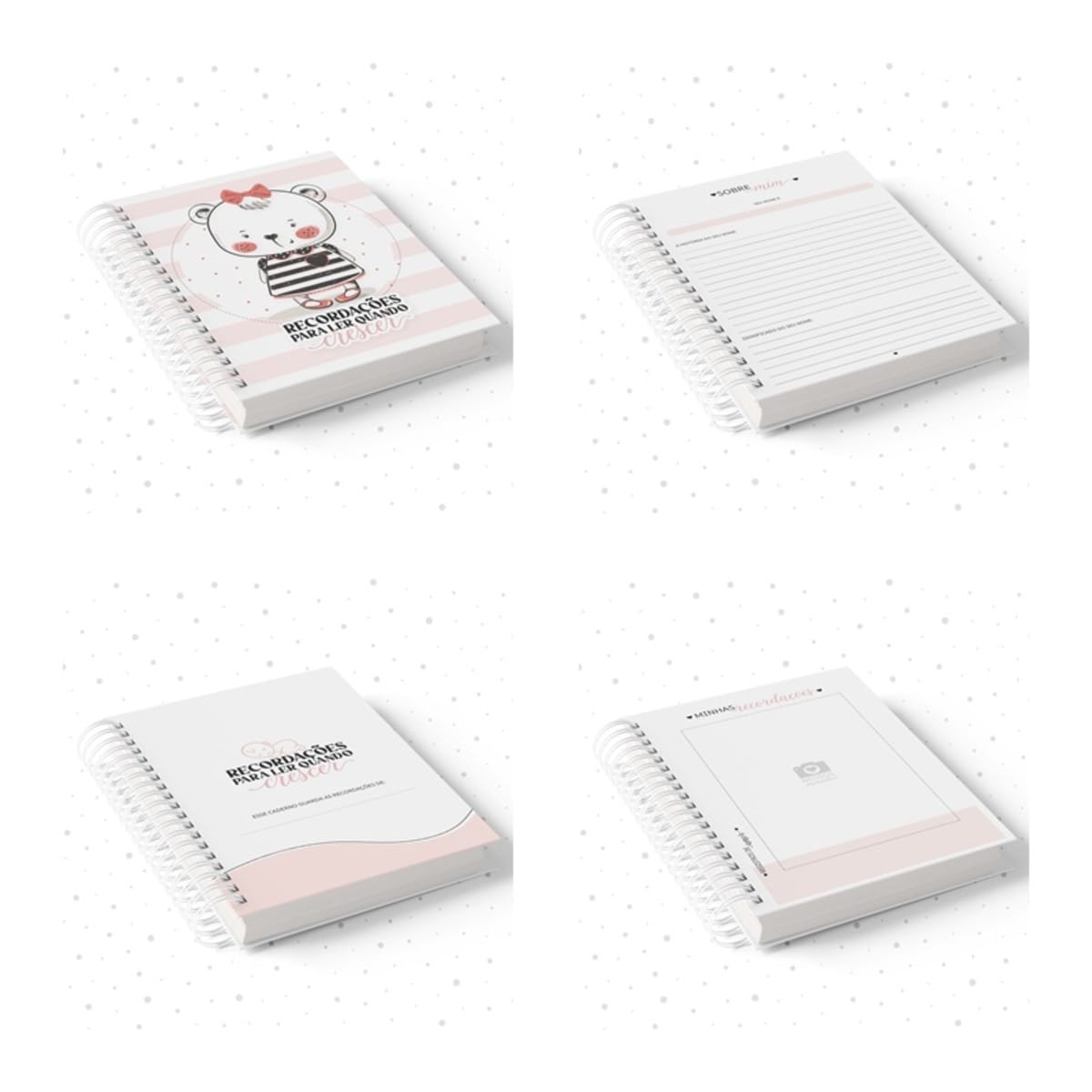 Caderno de Recordações Menina e Menino para Personalizar 2 Quatro visões de cadernos espiralados: capas com ilustração de urso, coração, e páginas internas.
