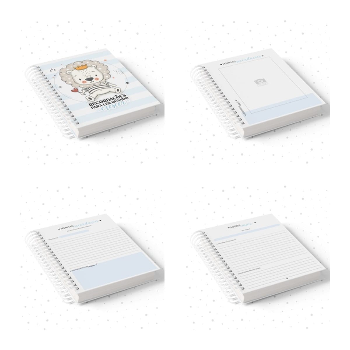 Caderno de Recordações Menina e Menino para Personalizar 1 Quatro visualizações de um caderno espiral branco para recordações infantis.