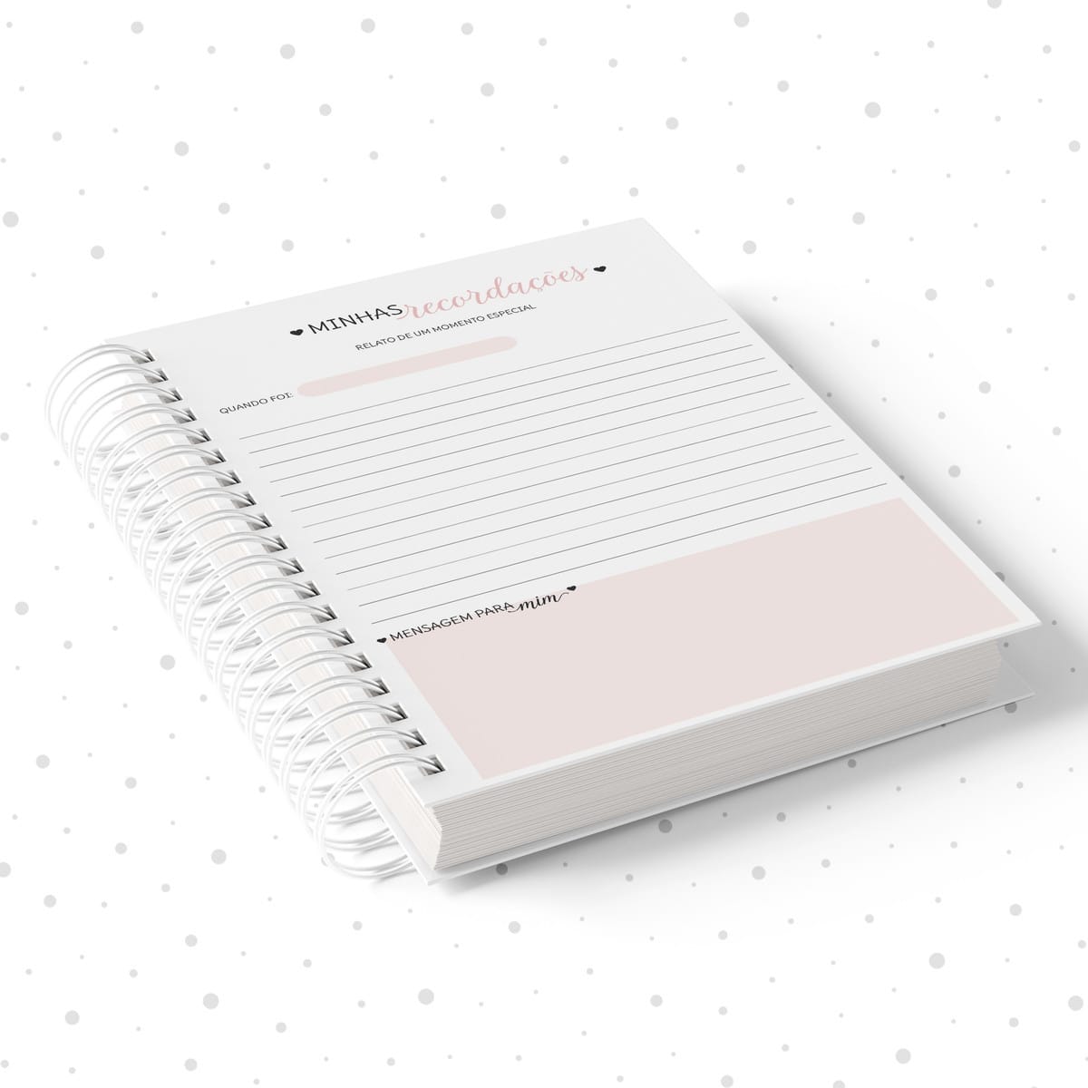 Caderno de Recordações Menina e Menino para Personalizar 4 Caderno espiral branco com páginas decoradas para registrar memórias e mensagens.