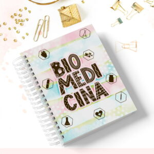 Design de capa de planner com tema Biomedicina, cores pastel e ícones médicos.