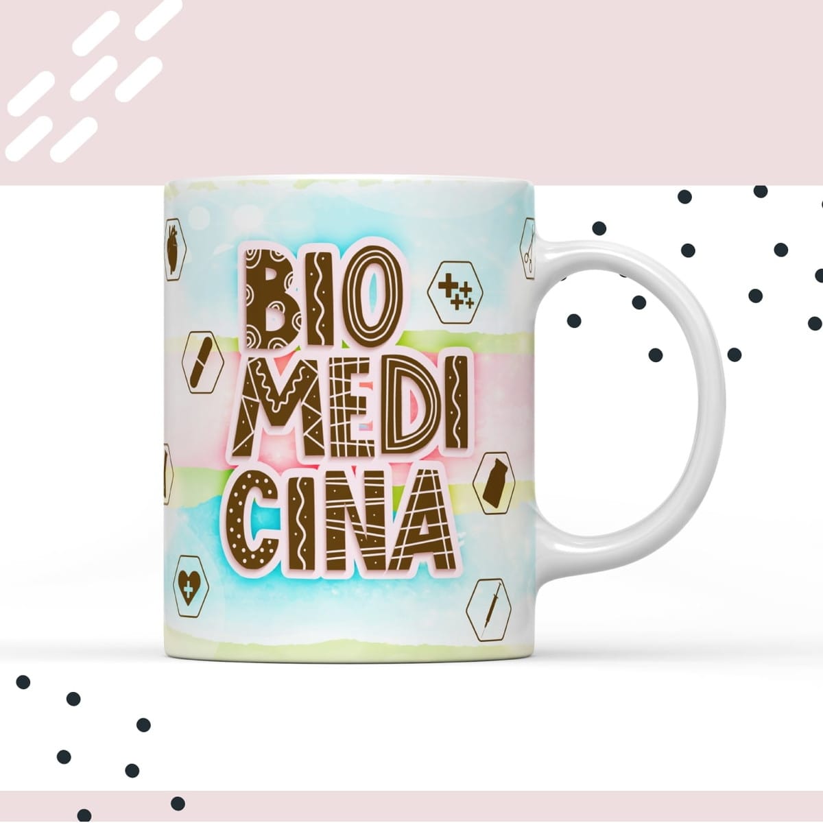 Caderno Digital Biomedicina pronto para Sublimação 5 Arte digital com a palavra "BIO MEDICINA" em letras estilizadas, fundo aquarelado e ícones biomédicos.