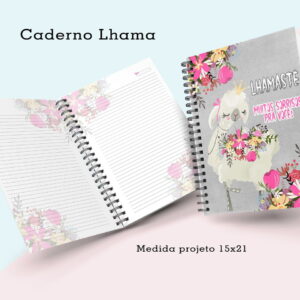 Caderno espiral aberto e fechado exibindo capa ilustrada com lhama e flores.
