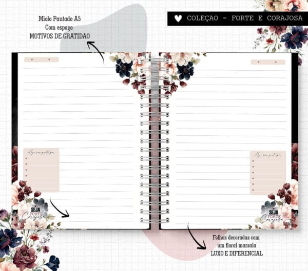 Caderno Forte e Corajosa Floral - Arquivo Digital