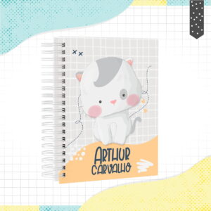 Arte digital de capa de caderno com ilustração de gato e espiral.