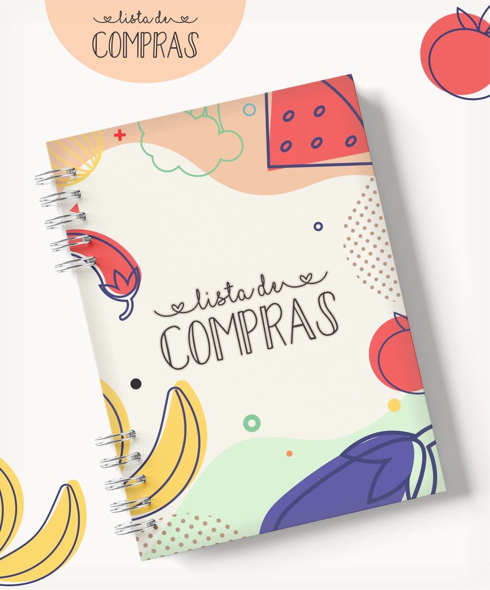 Caderno Lista de Compras Digital com Tema Infantil 2 Arte digital de caderno de lista de compras com ilustrações de frutas e vegetais.