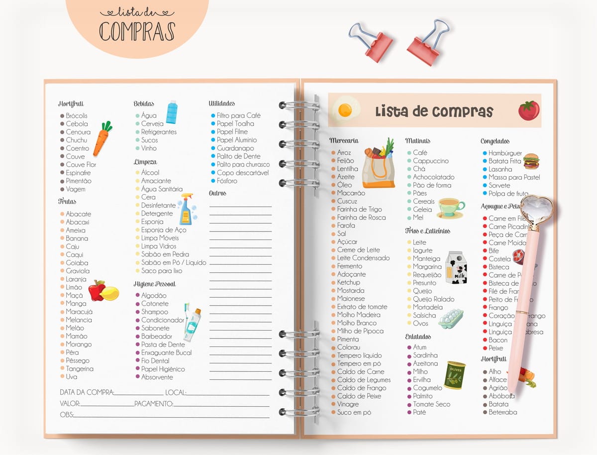 Caderno Lista de Compras Digital com Tema Infantil 3 Arte digital de uma lista de compras organizada com categorias e itens diversos.