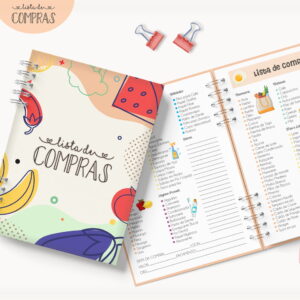 Arte digital de dois planejadores de lista de compras coloridos com caneta.