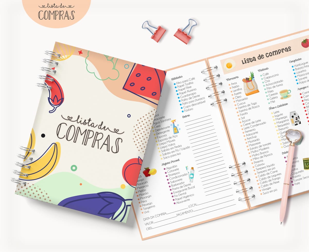 Caderno Lista de Compras Digital com Tema Infantil 1 Arte digital de dois planejadores de lista de compras coloridos com caneta.
