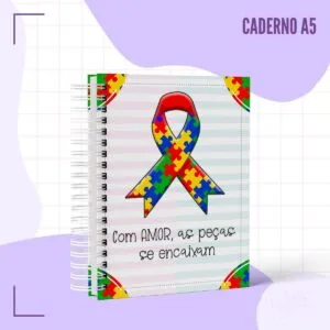 Caderno Pautado Autismo - Arquivo Digital 11 Caderno espiral A5 com capa estampada com fita de conscientização colorida.