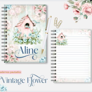 Arte digital de caderno e folha pautada com design floral e casinha de pássaro.
