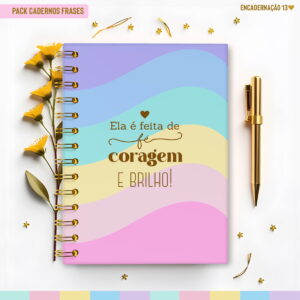 Arte digital de caderno pastel com frase inspiradora, caneta dourada e flores.