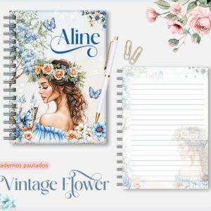 Arte digital de caderno espiral com design floral feminino, caneta e página pautada.