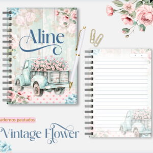 Arte digital de caderno pautado com caminhonete floral e fundo de madeira.