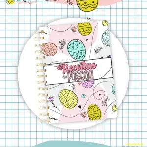 Caderno espiral com capa decorada com ovos de páscoa e flores coloridas.