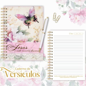Caderno espiral floral com borboleta e citação espiritual, arte digital.