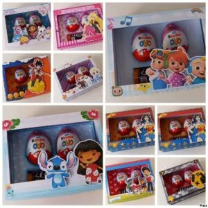Caixa Kinder Ovo e mm - Arquivo Digital 37 Diversas caixas decoradas com temas infantis contendo chocolates em formato de ovo.