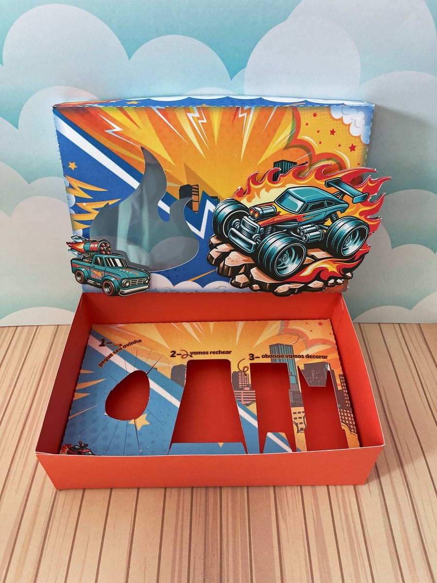 Caixa Mini Confeiteiro Hot Wheels Kit Digital para Páscoa 2 Caixa pop-up com arte digital de carros de corrida e instruções de atividade.