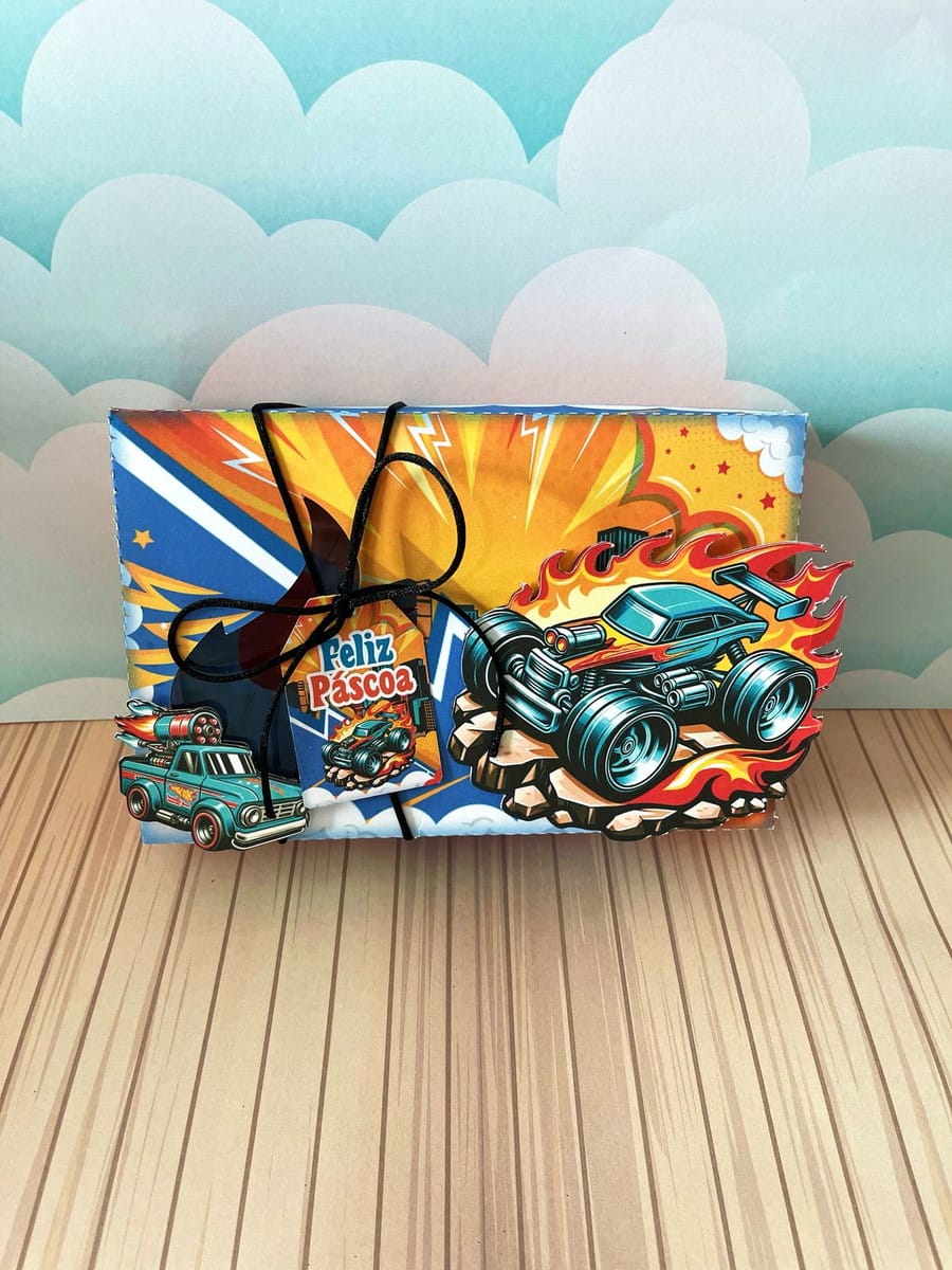 Caixa Mini Confeiteiro Hot Wheels Kit Digital para Páscoa 3 Design digital para caixa de Páscoa com carros de corrida e a frase "Feliz Páscoa".