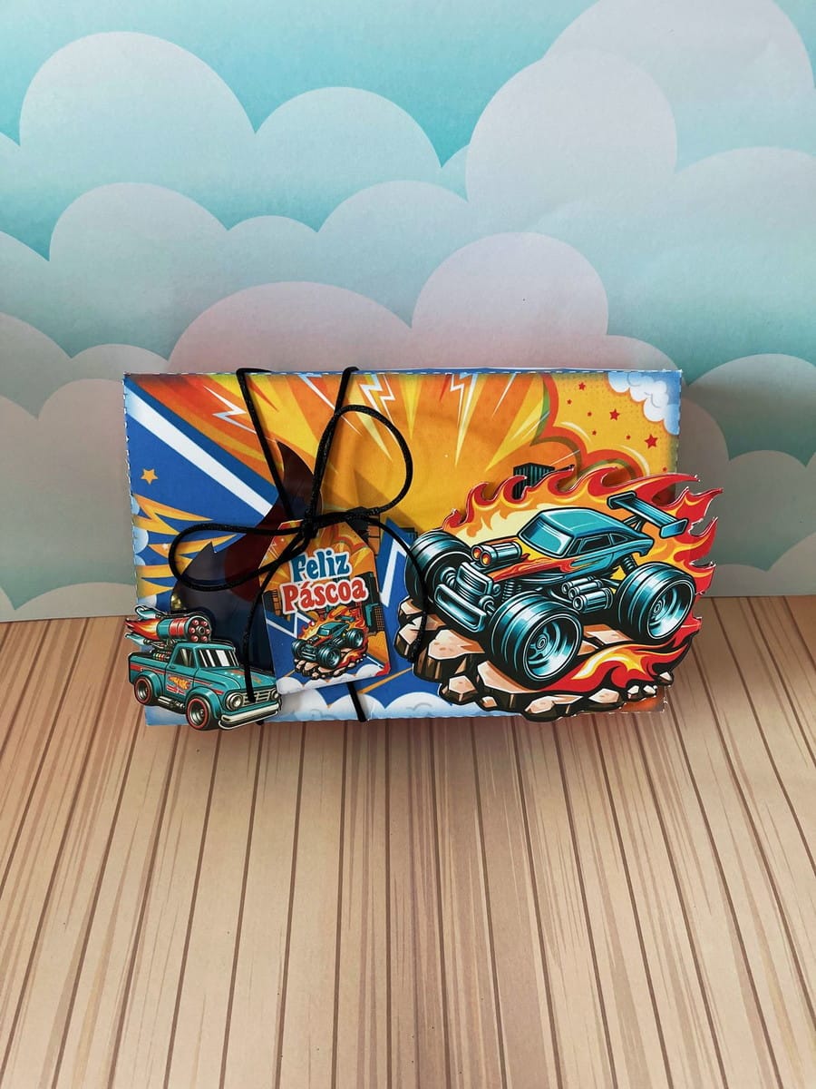 Caixa Mini Confeiteiro Hot Wheels Kit Digital para Páscoa 5 Arte digital de caixa decorada com carros estilizados e a frase "Feliz Páscoa".
