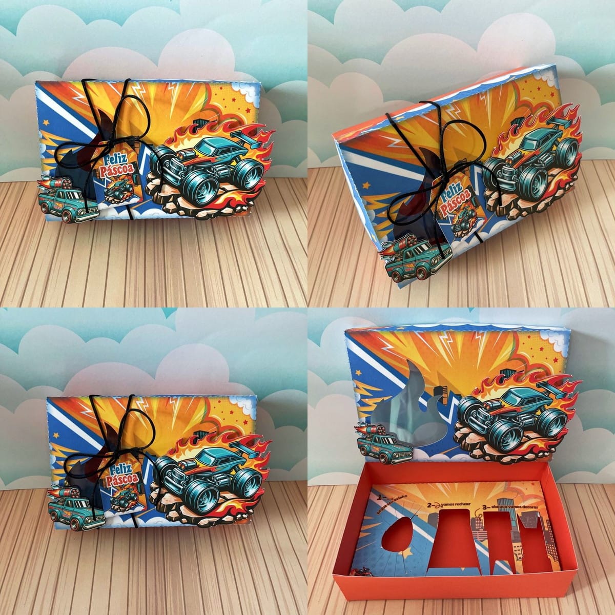 Caixa Mini Confeiteiro Hot Wheels Kit Digital para Páscoa 1 Arte digital para caixa de Páscoa com tema de carro monstro, em quatro vistas.