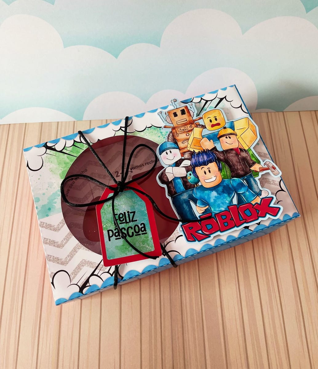 Caixa Mini Confeiteiro Roblox Menino em Arquivo Digital 1 Arte digital de embalagem de Páscoa com personagens estilo avatar e fita decorativa.