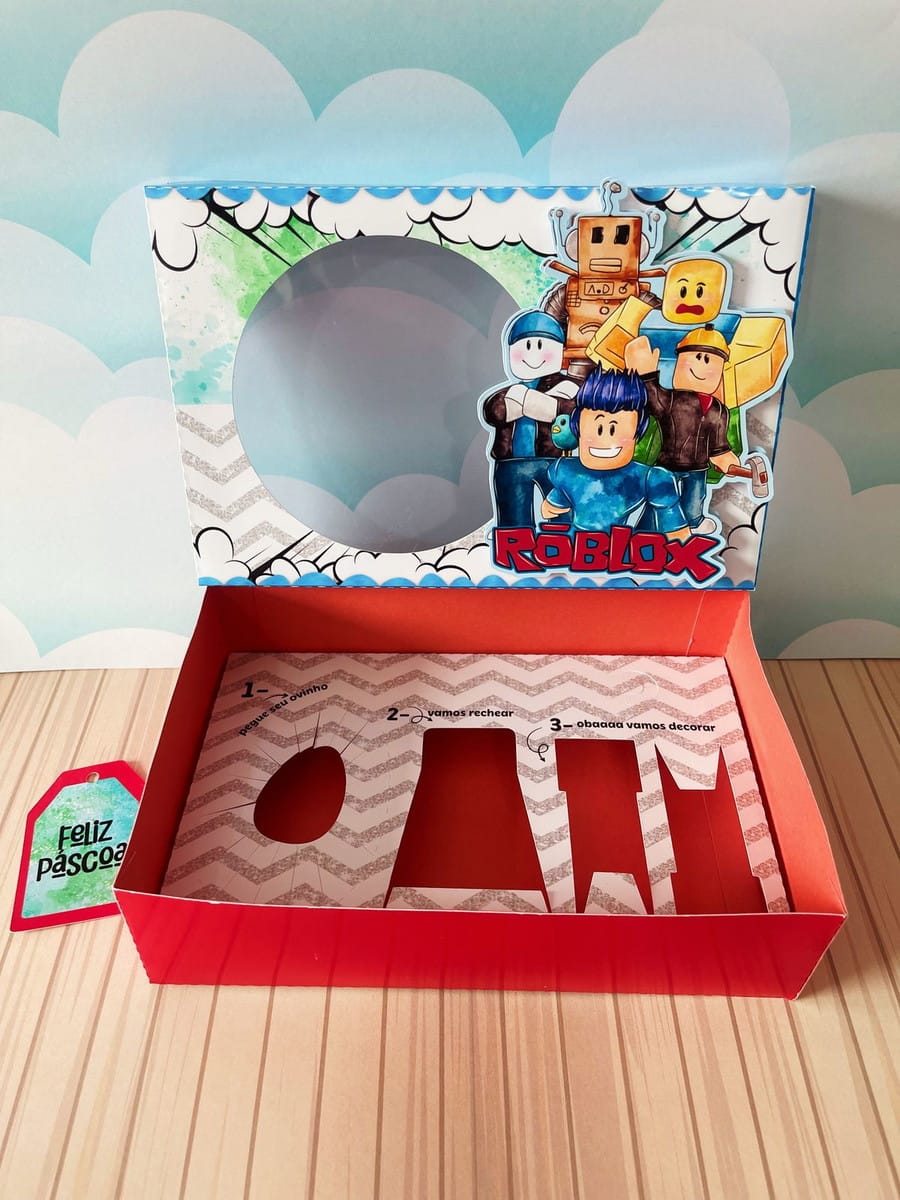 Caixa Mini Confeiteiro Roblox Menino em Arquivo Digital 4 Arte digital de caixa de Páscoa com personagens de videogame e instruções para ovos.
