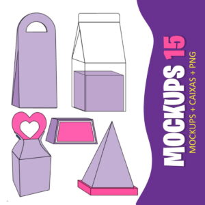 Arte digital: Conjunto de 15 mockups de caixas em tons de roxo e rosa.