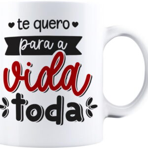 Arte digital com a frase 'te quero para a vida toda' em fontes variadas e corações.