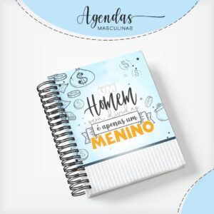 Caderno espiral azul com capa ilustrada contendo textos e desenhos financeiros.