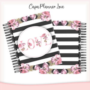 Duas capas de planner com listras pretas e brancas decoradas com flores rosas.