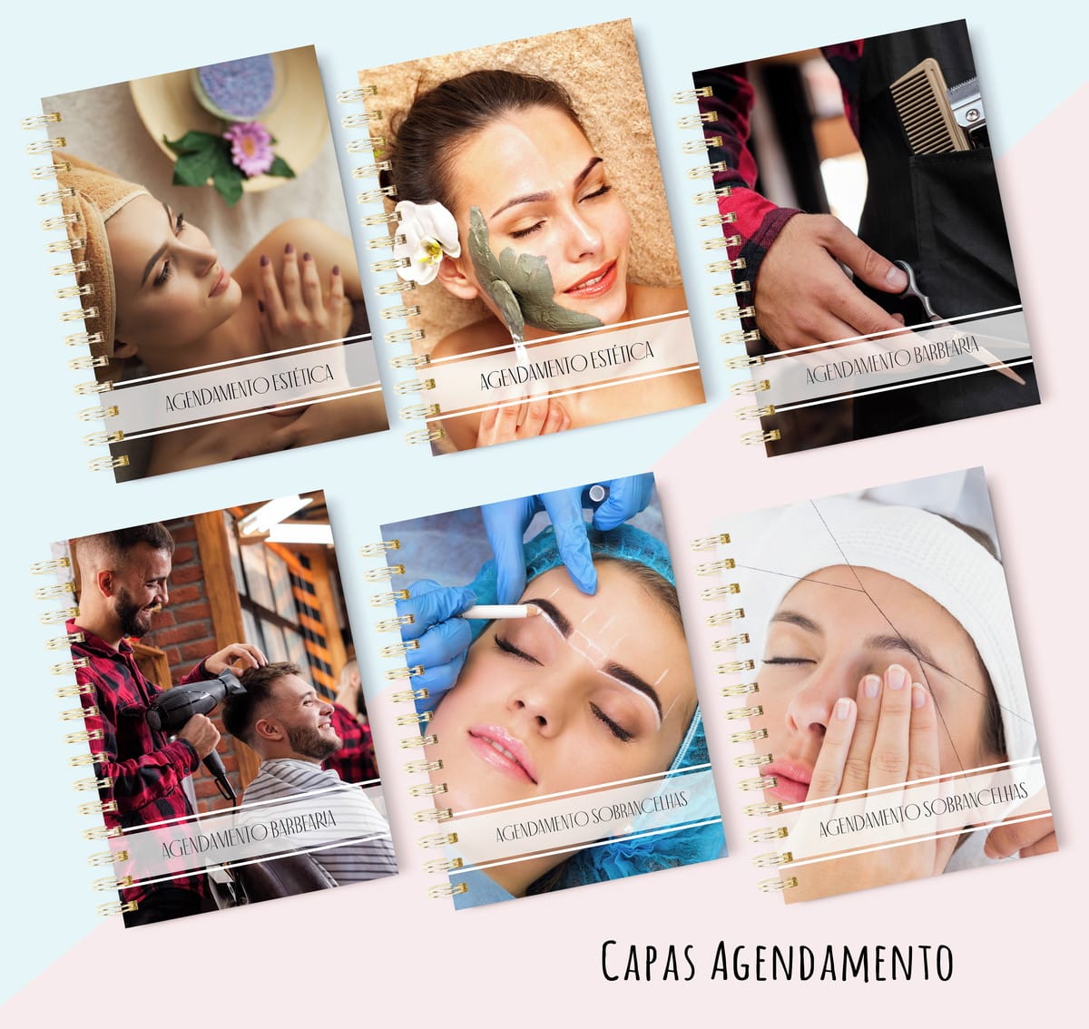 Capas para Agenda de Salão Estética e Pet Arquivo Digital 2 Seis capas de agendamento espiraladas com imagens de estética e barbearia.