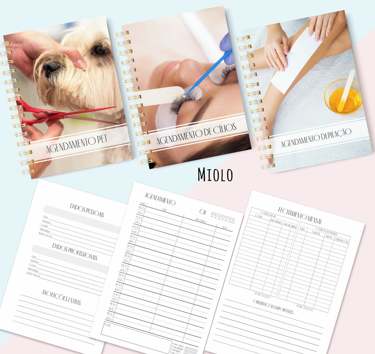 Capas para Agenda de Salão Estética e Pet Arquivo Digital 3 Tres cadernos espiralados com capas de servicos e paginas internas mostradas abaixo.