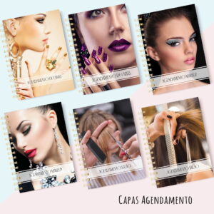 Seis capas de cadernos espiralados com fotos de mulheres e textos de agendamento de beleza.