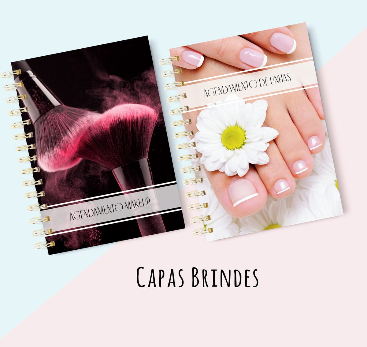 Capas para Agenda de Salão Estética e Pet Arquivo Digital 4 Dois cadernos espiralados com temas de maquiagem e cuidados com as unhas.