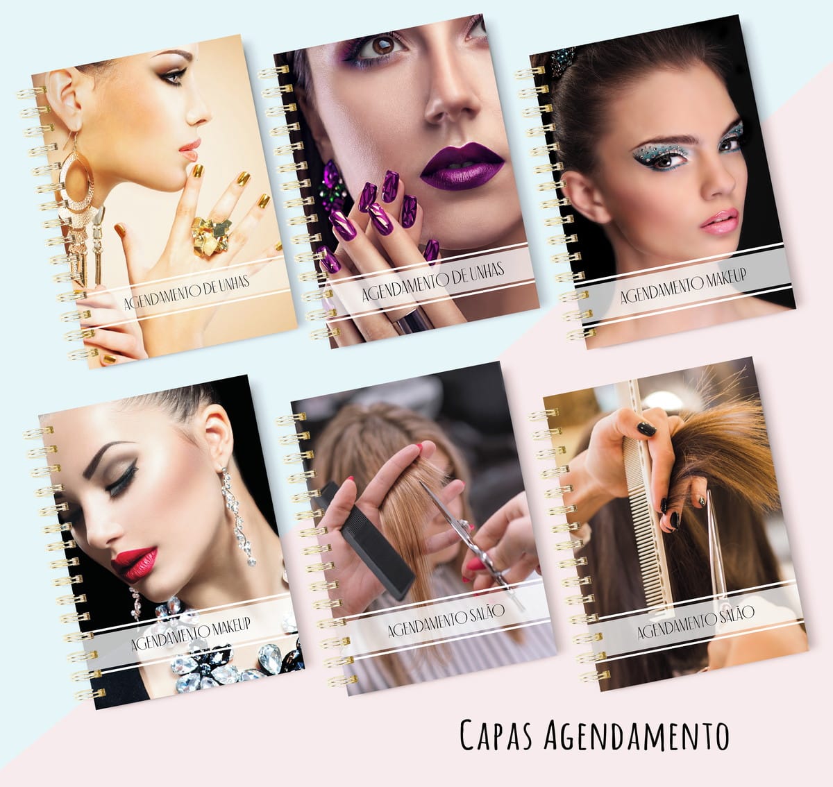 Capas para Agenda de Salão Estética e Pet Arquivo Digital 1 Seis capas de cadernos espiralados com fotos de mulheres e textos de agendamento de beleza.