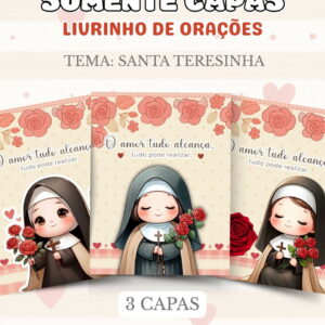 Três capas digitais para livrinho de orações com ilustrações de freiras e rosas.