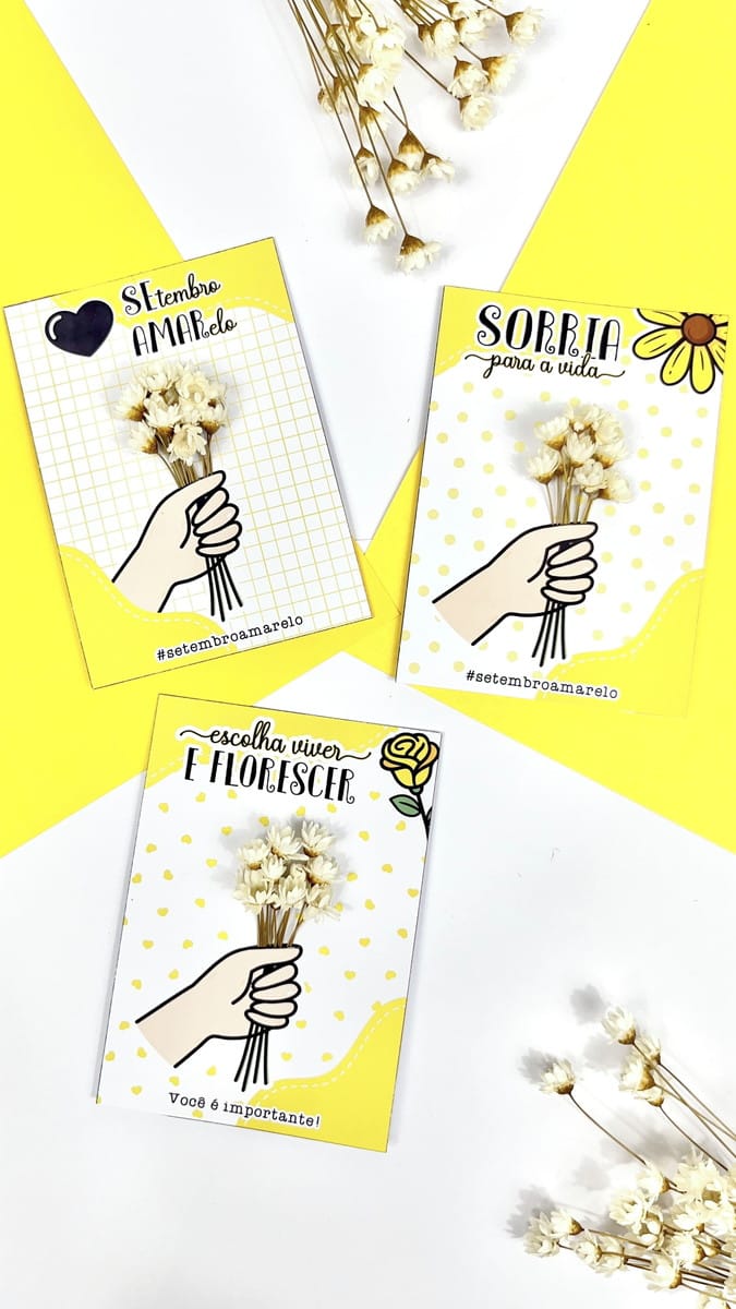 Card Setembro Amarelo PNG e PDF para Imprimir 2 Três cartões amarelos e brancos com ilustrações de mãos segurando flores secas.