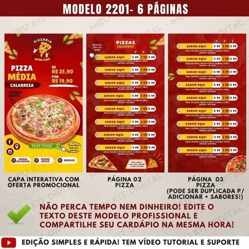 Cardápio Para Pizzaria - Digital & 100% Editável + Bônus 6 Cardápio Para Pizzaria - Digital & 100% Editável + Bônus
