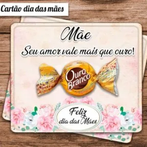 Cartão digital de dia das mães com bombom dourado e flores rosas em fundo madeira