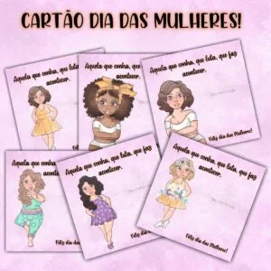 Cartão Mimo Mulheres - Arquivo Digital 9 Vários cartões ilustrados com mulheres diversas em estilo cartoon e frases comemorativas.